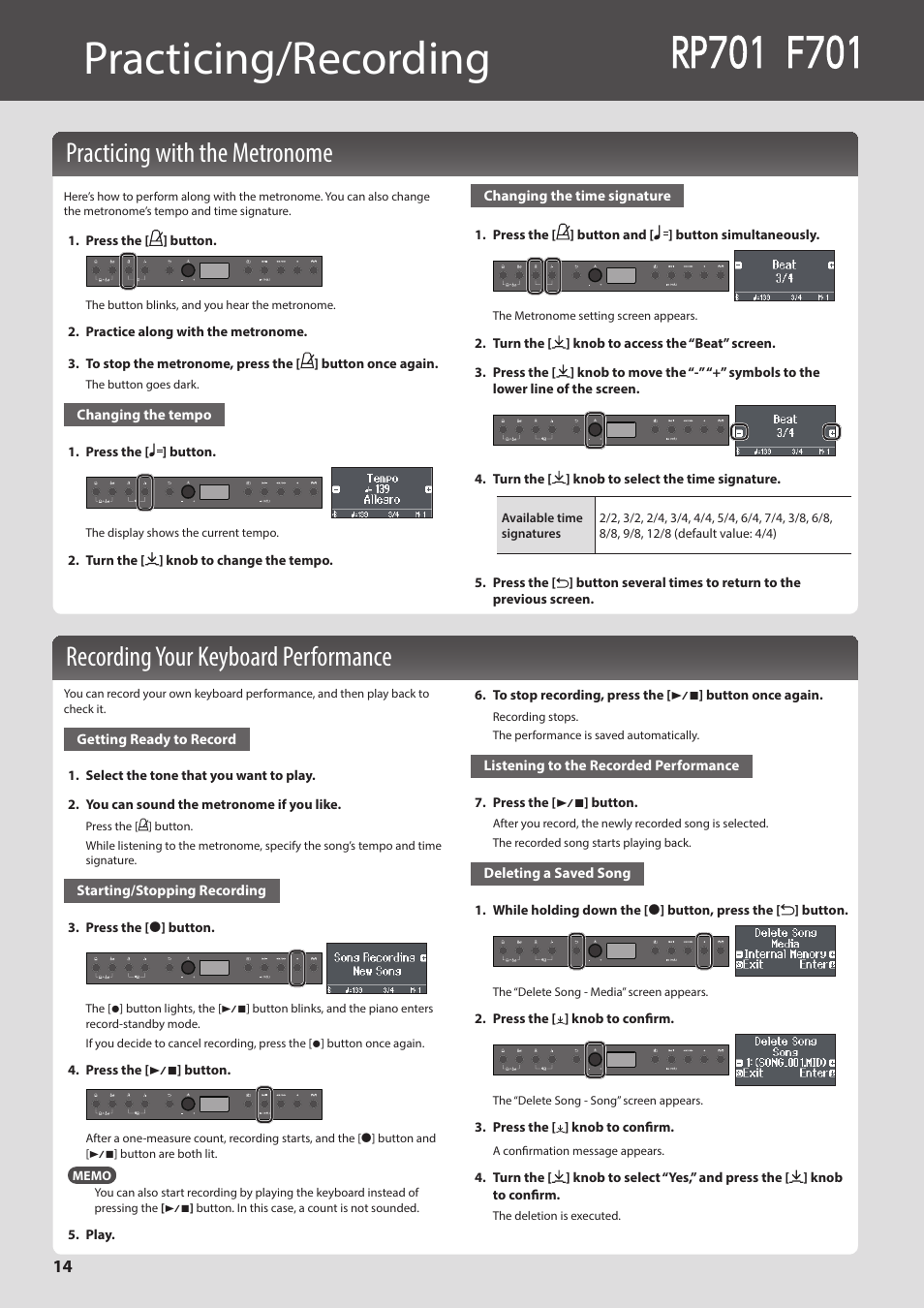 Practicing/recording, P. 14), P. 14) (p | Roland F701 88-Key Modern Digital Piano with Stand and Bench (White) User Manual | Page 14 / 46