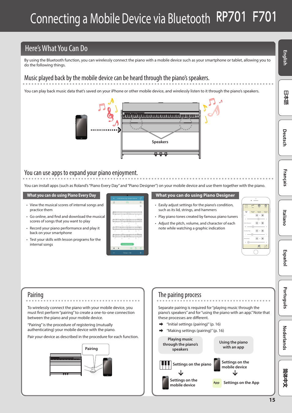 Connecting a mobile device via bluetooth, Here’s what you can do, Pairing | The pairing process, You can use apps to expand your piano enjoyment | Roland F701 88-Key Modern Digital Piano with Stand and Bench (White) User Manual | Page 15 / 46