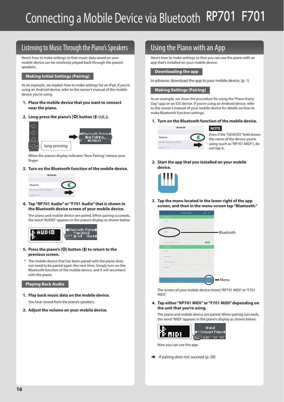 Connecting a mobile device via bluetooth, P. 16), Listening to music through the piano’s speakers | Using the piano with an app | Roland F701 88-Key Modern Digital Piano with Stand and Bench (White) User Manual | Page 16 / 46