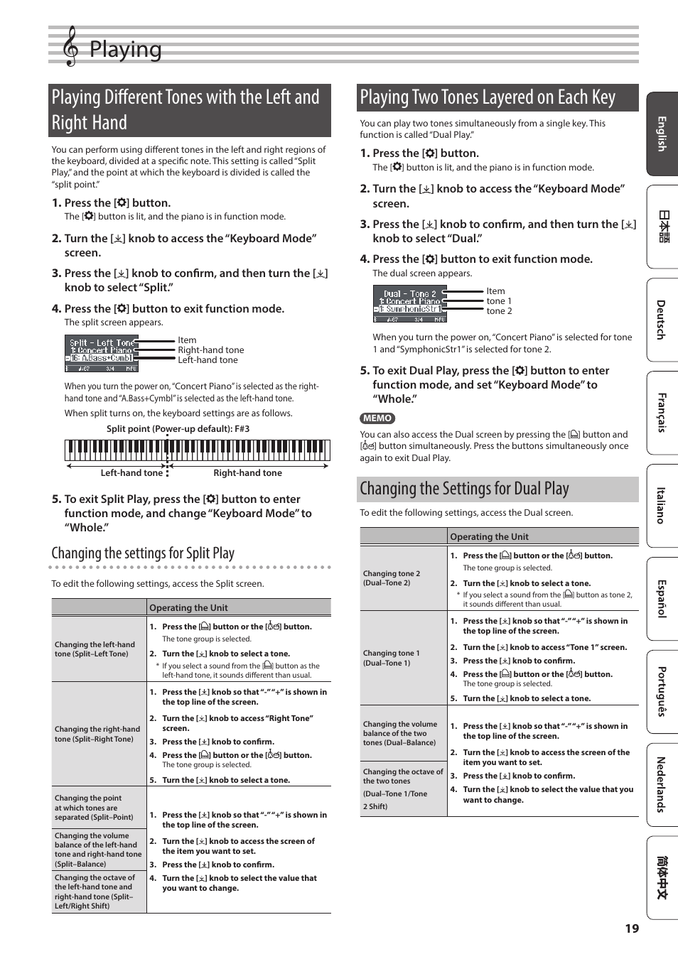 Playing, Playing two tones layered on each key, Changing the settings for dual play | Playing different tones with the left and right, Hand, P. 19), Changing the settings for split play | Roland F701 88-Key Modern Digital Piano with Stand and Bench (White) User Manual | Page 19 / 46