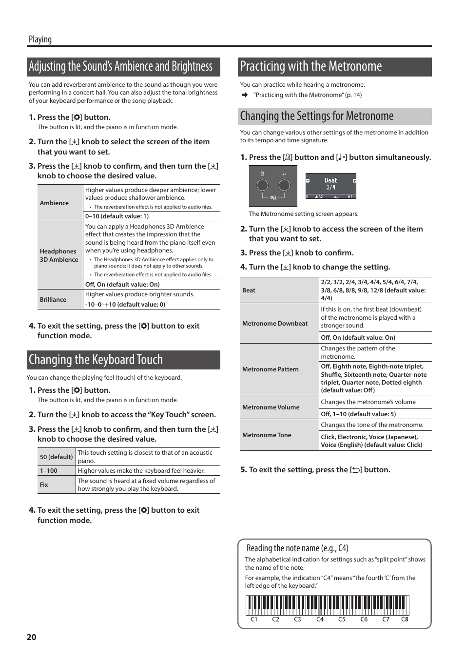 Adjusting the sound’s ambience and brightness, Changing the keyboard touch, Practicing with the metronome | Changing the settings for metronome, P. 20), Playing | Roland F701 88-Key Modern Digital Piano with Stand and Bench (White) User Manual | Page 20 / 46