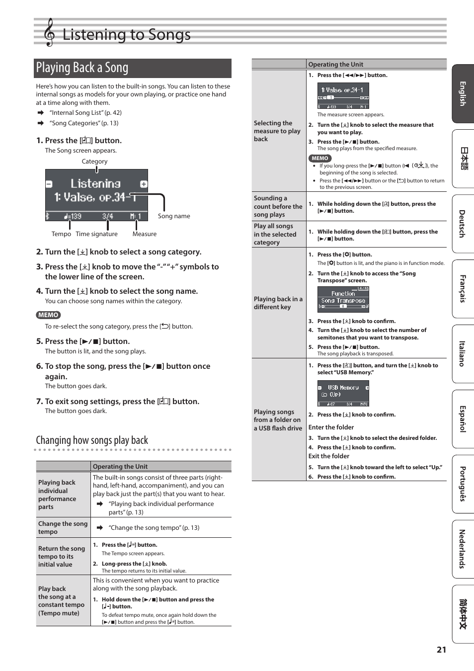 Listening to songs, Playing back a song, P. 21) | Ed position. (p. 21), Changing how songs play back | Roland F701 88-Key Modern Digital Piano with Stand and Bench (White) User Manual | Page 21 / 46