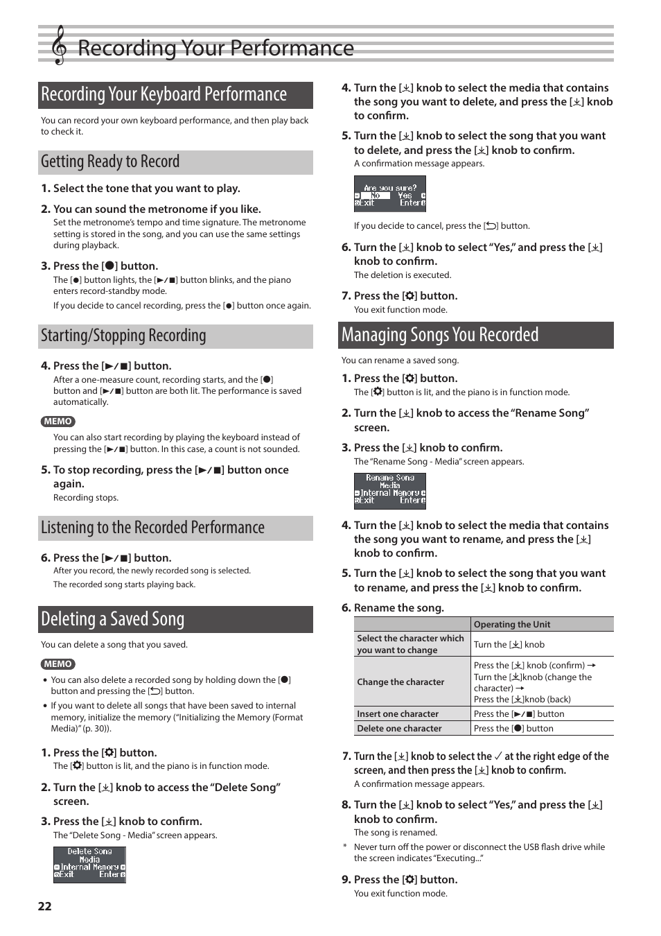 Recording your performance, Recording your keyboard performance, Getting ready to record | Starting/stopping recording, Listening to the recorded performance, Deleting a saved song, Managing songs you recorded | Roland F701 88-Key Modern Digital Piano with Stand and Bench (White) User Manual | Page 22 / 46