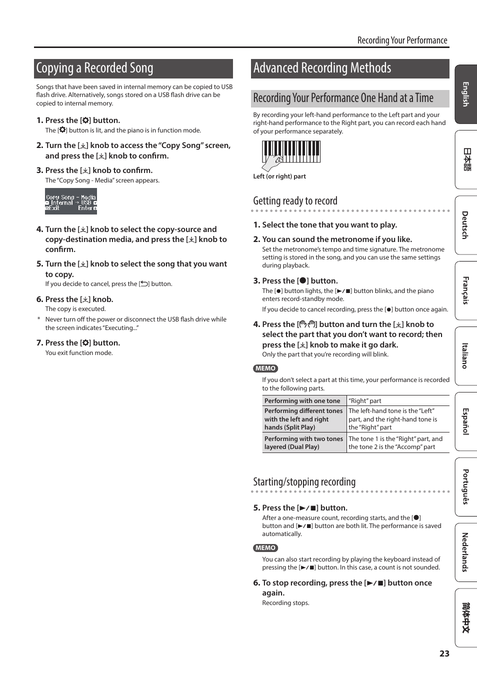 Copying a recorded song, Advanced recording methods, Recording your performance one hand at a time | P. 23), Getting ready to record, Starting/stopping recording, Recording your performance | Roland F701 88-Key Modern Digital Piano with Stand and Bench (White) User Manual | Page 23 / 46