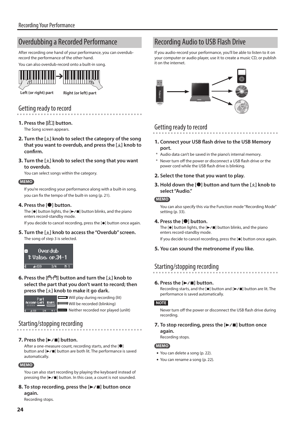 Overdubbing a recorded performance, Recording audio to usb flash drive, P. 24, p | Getting ready to record, Starting/stopping recording, Recording your performance | Roland F701 88-Key Modern Digital Piano with Stand and Bench (White) User Manual | Page 24 / 46