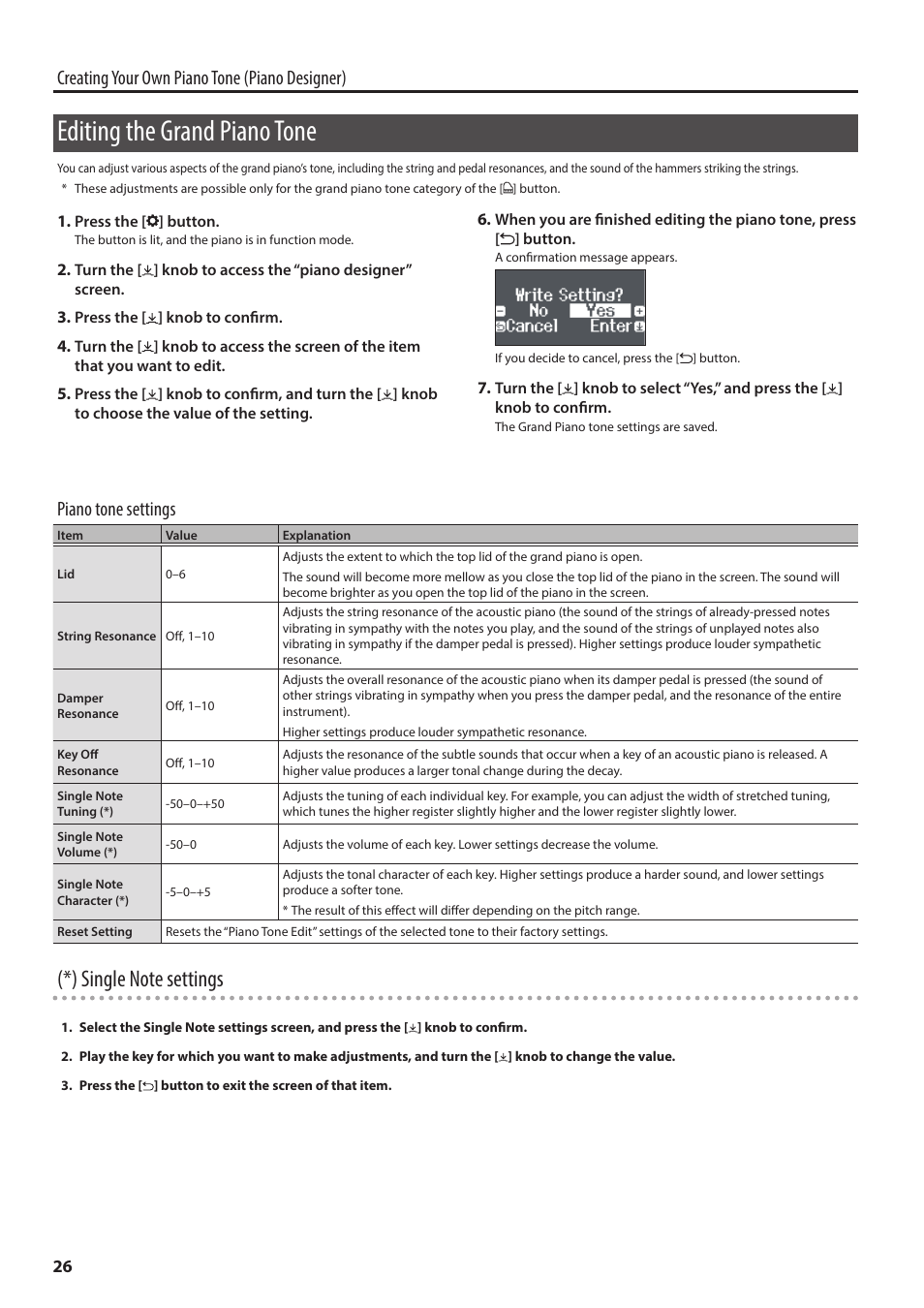 Editing the grand piano tone, Creating your own piano tone (piano designer), Piano tone settings | Roland F701 88-Key Modern Digital Piano with Stand and Bench (White) User Manual | Page 26 / 46