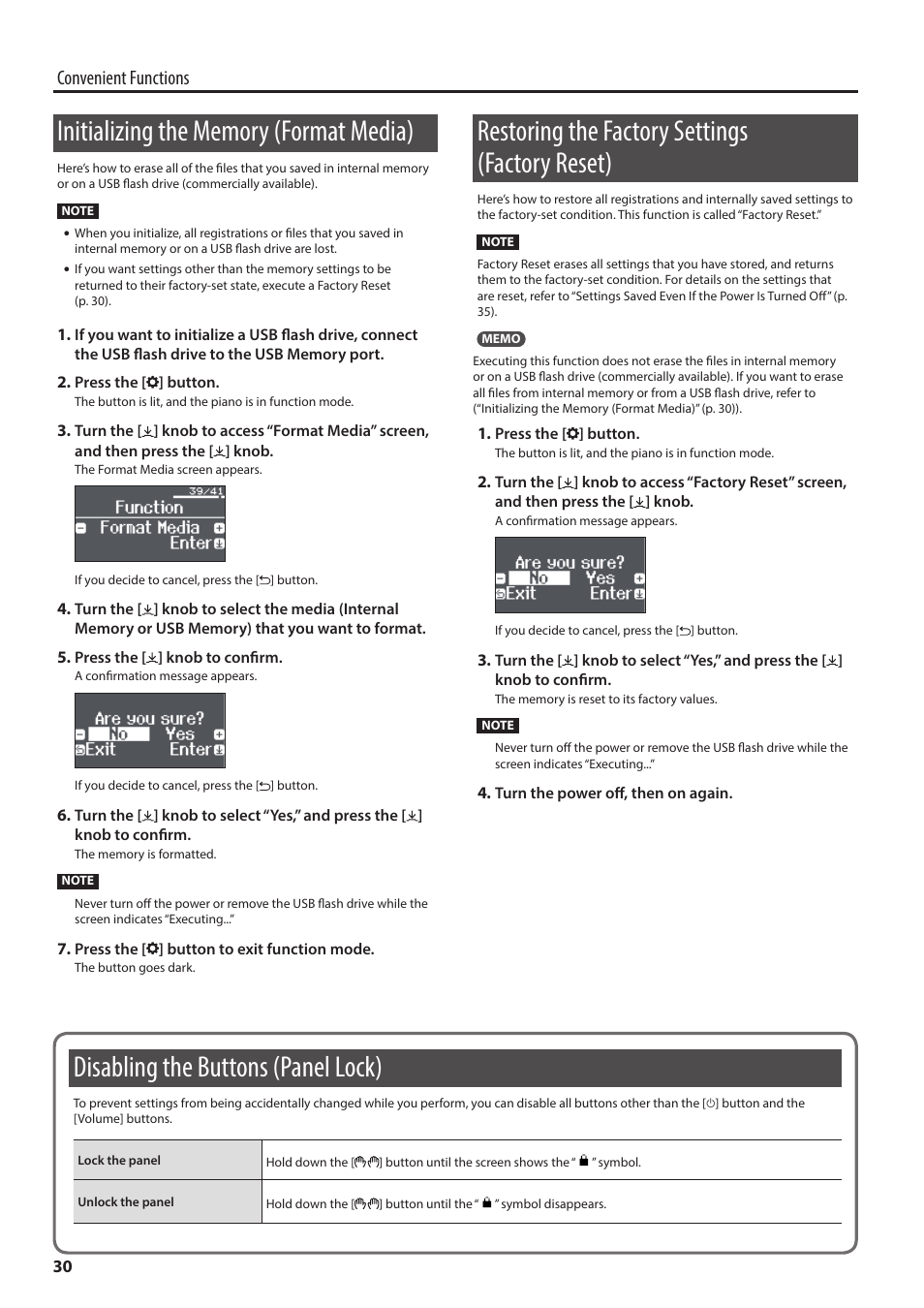 Initializing the memory (format media), Restoring the factory settings (factory reset), Disabling the buttons (panel lock) | Convenient functions | Roland F701 88-Key Modern Digital Piano with Stand and Bench (White) User Manual | Page 30 / 46