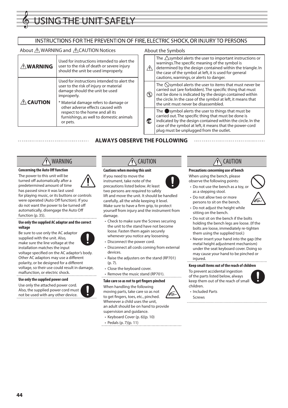 Using the unit safely, P. 44)). a, Warning | Caution, Always observe the following | Roland F701 88-Key Modern Digital Piano with Stand and Bench (White) User Manual | Page 44 / 46