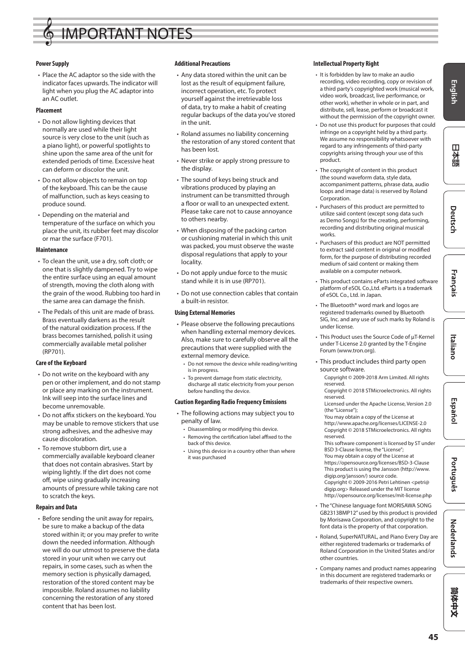 Important notes | Roland F701 88-Key Modern Digital Piano with Stand and Bench (White) User Manual | Page 45 / 46