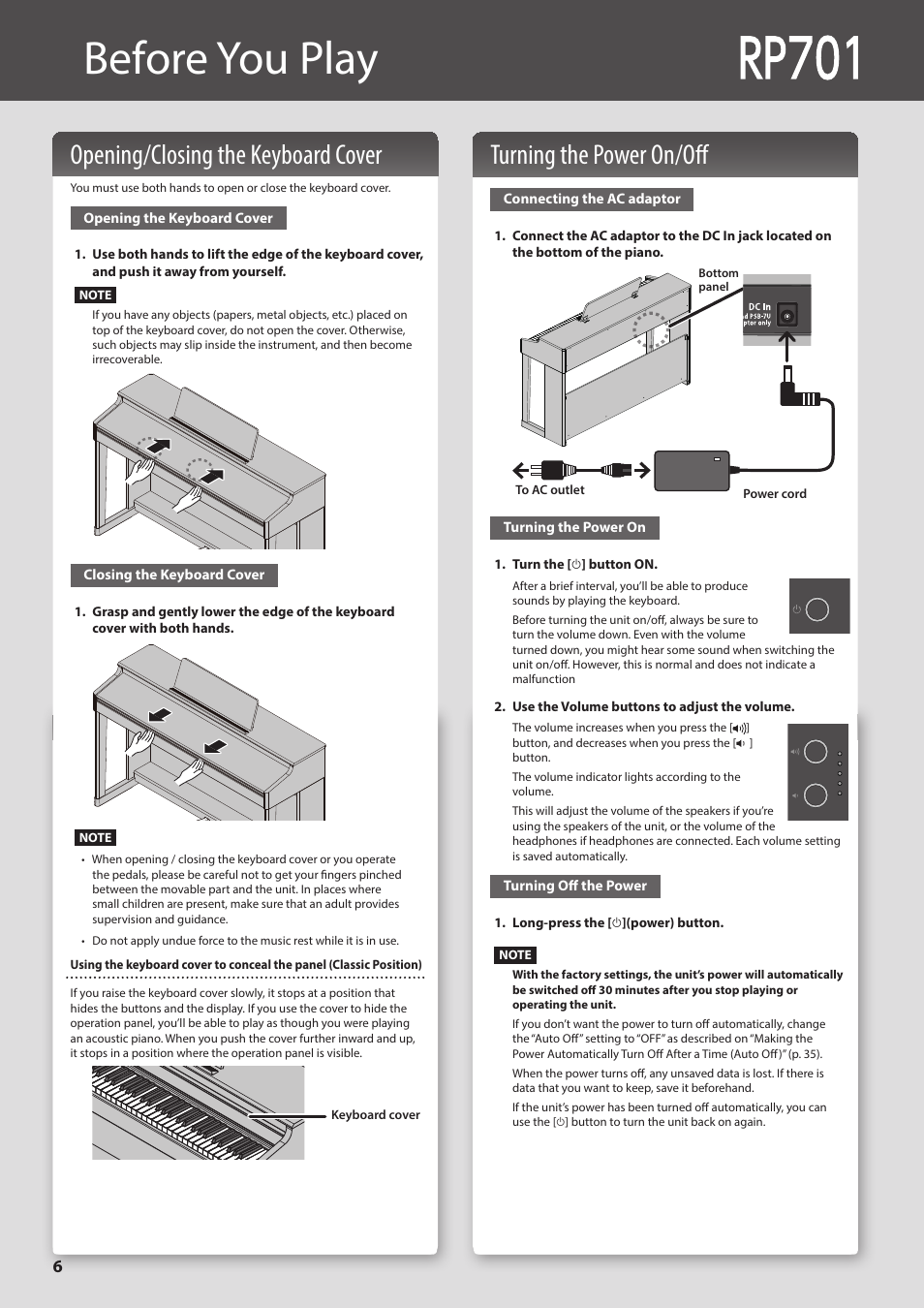 Before you play, Before you play (rp701), P. 6) | Turning the power on/off, Opening/closing the keyboard cover | Roland F701 88-Key Modern Digital Piano with Stand and Bench (White) User Manual | Page 6 / 46