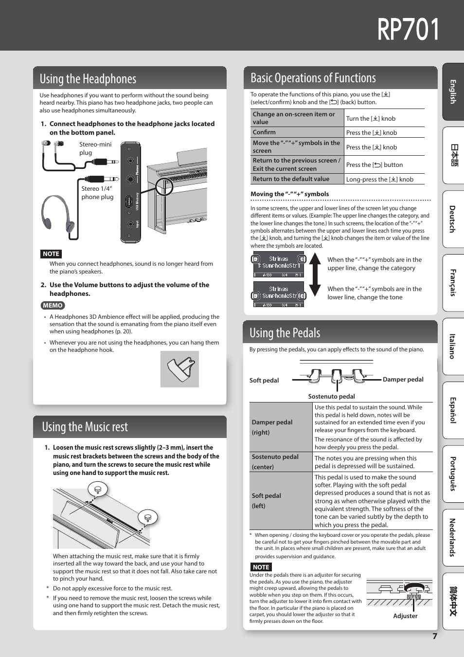 P. 7), E when not using them. (p. 7), Een. (p. 7) | Using the music rest, Using the pedals, Using the headphones, Basic operations of functions | Roland F701 88-Key Modern Digital Piano with Stand and Bench (White) User Manual | Page 7 / 46