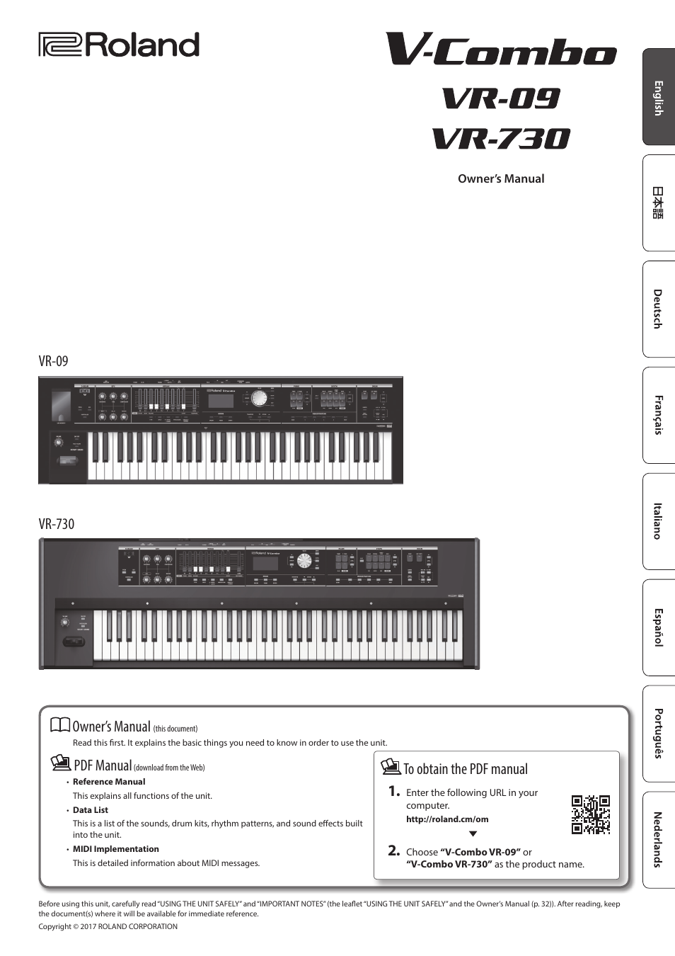 Roland V-Combo VR-730 73-Key Live Performance Keyboard User Manual | 32 pages