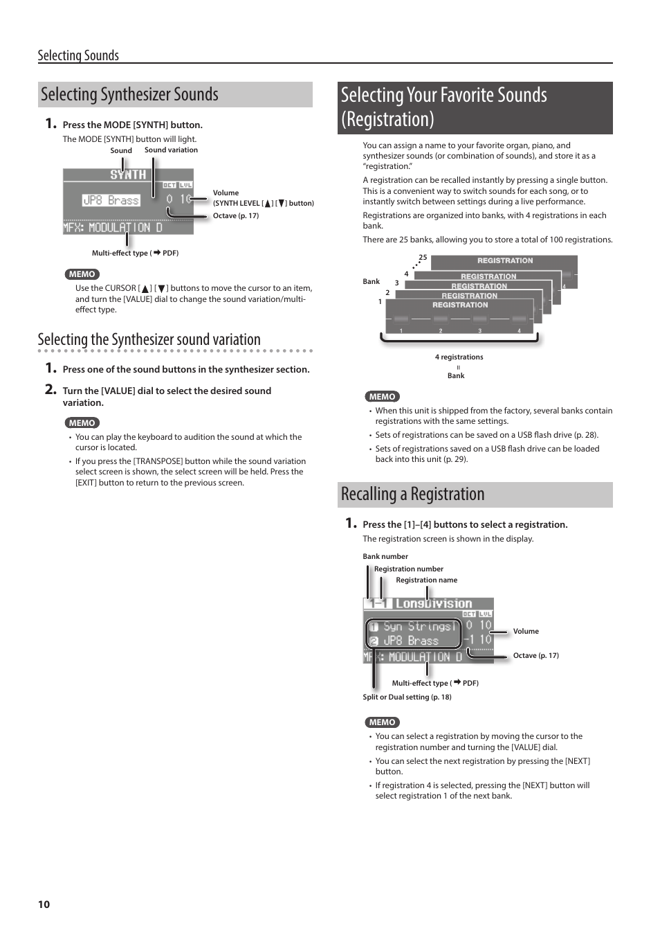 Selecting synthesizer sounds, Selecting your favorite sounds (registration), Recalling a registration | P. 10, Selecting the synthesizer sound variation, Selecting sounds | Roland V-Combo VR-730 73-Key Live Performance Keyboard User Manual | Page 10 / 32