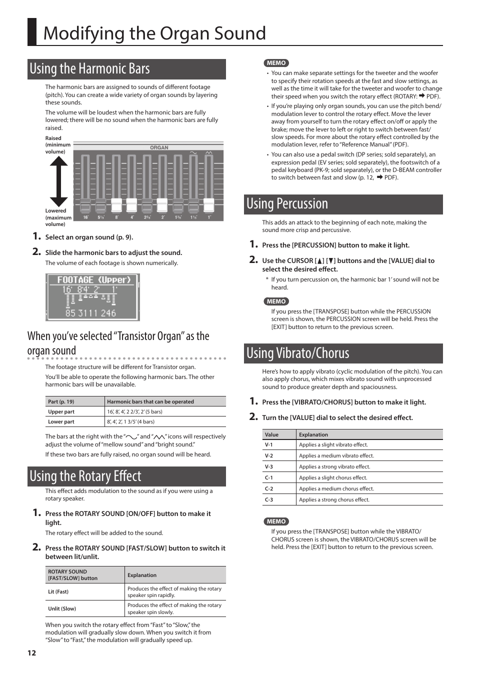 Modifying the organ sound, Using the harmonic bars, Using the rotary effect | Using percussion, Using vibrato/chorus, Using the rotary effect” (p. 12), Modifying the organ sound” (p. 12), P. 12 | Roland V-Combo VR-730 73-Key Live Performance Keyboard User Manual | Page 12 / 32