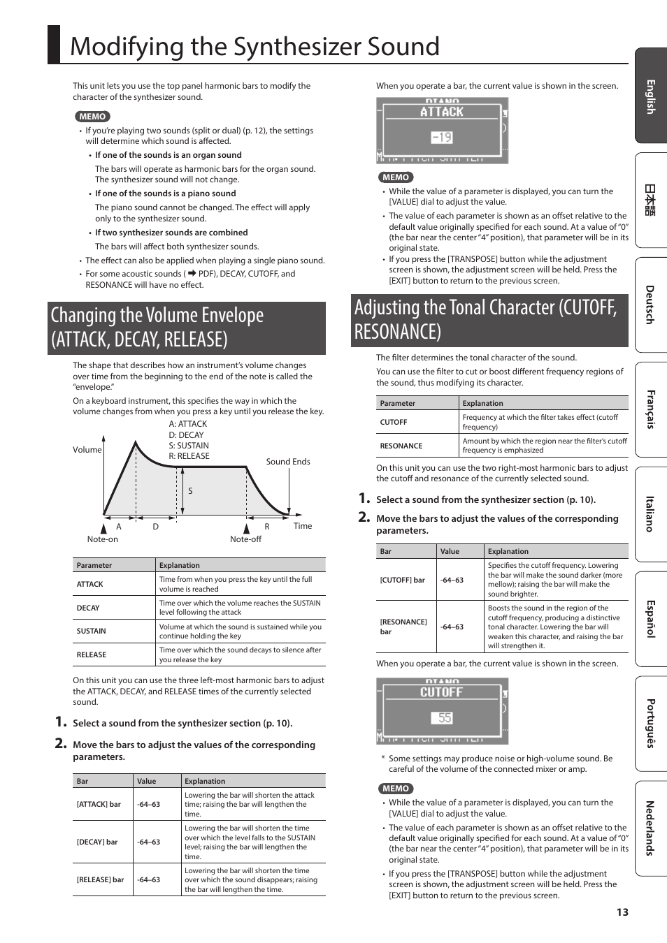 Modifying the synthesizer sound, Adjusting the tonal character (cutoff, resonance), Modifying the synthesizer sound” (p. 13) | Roland V-Combo VR-730 73-Key Live Performance Keyboard User Manual | Page 13 / 32