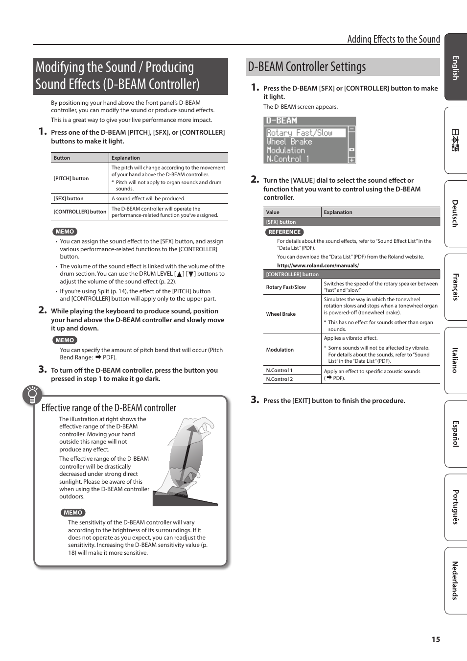 D-beam controller settings, Controller), P. 15 | Adding effects to the sound, Effective range of the d-beam controller | Roland V-Combo VR-730 73-Key Live Performance Keyboard User Manual | Page 15 / 32