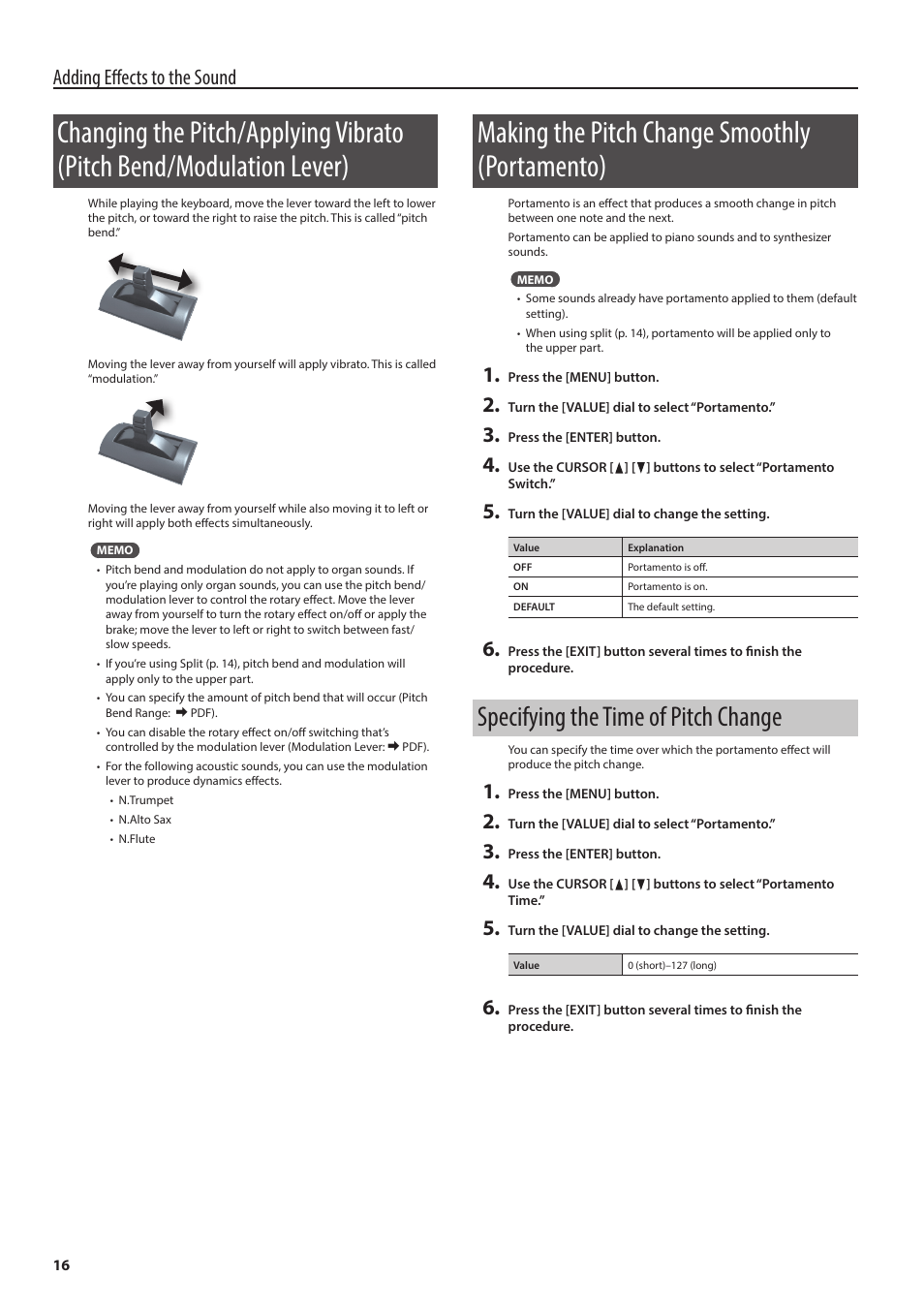 Making the pitch change smoothly (portamento), Specifying the time of pitch change, Lever) | P. 16, Adding effects to the sound | Roland V-Combo VR-730 73-Key Live Performance Keyboard User Manual | Page 16 / 32