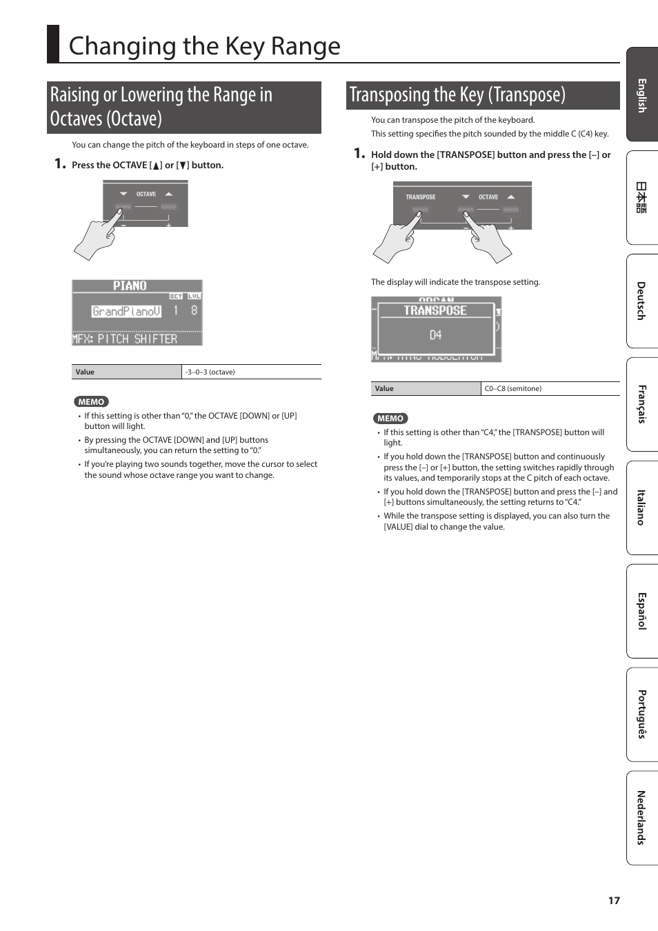 Changing the key range, Raising or lowering the range in octaves (octave), Transposing the key (transpose) | P. 17, E (p . 17) | Roland V-Combo VR-730 73-Key Live Performance Keyboard User Manual | Page 17 / 32