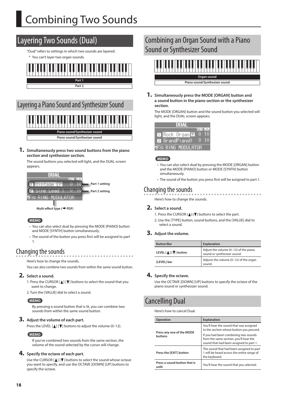 Combining two sounds, Layering two sounds (dual), Layering a piano sound and synthesizer sound | Cancelling dual, Combining two sounds” (p. 18), Combining an organ sound with a piano sound or, Synthesizer sound, Ual setting (p . 18), Alue (p, 18) will make it mor | Roland V-Combo VR-730 73-Key Live Performance Keyboard User Manual | Page 18 / 32