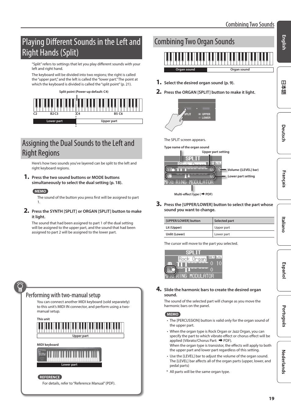Combining two organ sounds, P. 19, Combining two sounds | Performing with two-manual setup | Roland V-Combo VR-730 73-Key Live Performance Keyboard User Manual | Page 19 / 32