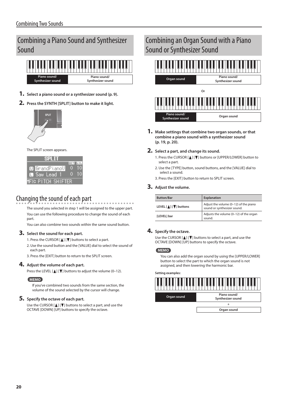 Combining a piano sound and synthesizer sound, Combining an organ sound with a piano sound or, Synthesizer sound | Changing the sound of each part, Combining two sounds | Roland V-Combo VR-730 73-Key Live Performance Keyboard User Manual | Page 20 / 32