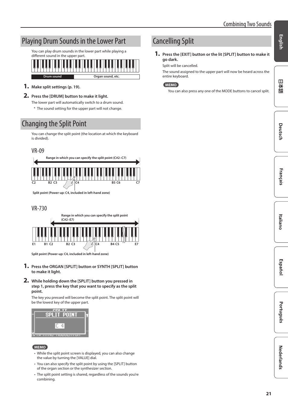 Playing drum sounds in the lower part, Changing the split point, Cancelling split | Combining two sounds, Vr-09, Vr-730 | Roland V-Combo VR-730 73-Key Live Performance Keyboard User Manual | Page 21 / 32