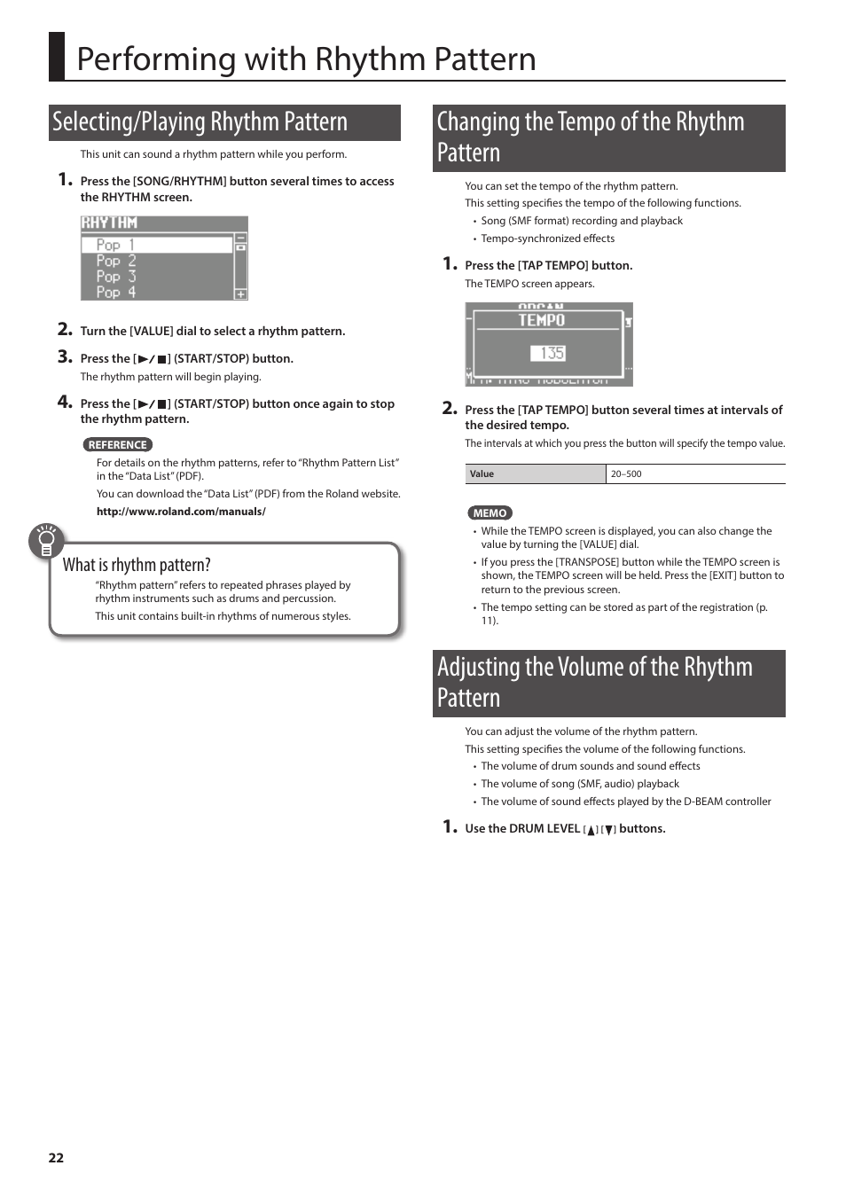 Performing with rhythm pattern, Selecting/playing rhythm pattern, Changing the tempo of the rhythm pattern | Adjusting the volume of the rhythm pattern, P. 22, p, P. 22, T (p. 22), What is rhythm pattern | Roland V-Combo VR-730 73-Key Live Performance Keyboard User Manual | Page 22 / 32