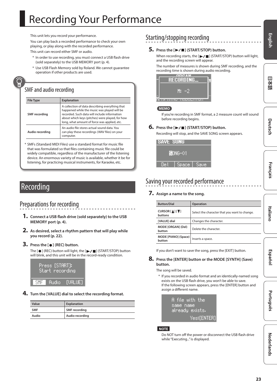 Recording your performance, Recording, E (p. 23) | P. 23, Preparations for recording, Starting/stopping recording, Saving your recorded performance, Smf and audio recording | Roland V-Combo VR-730 73-Key Live Performance Keyboard User Manual | Page 23 / 32