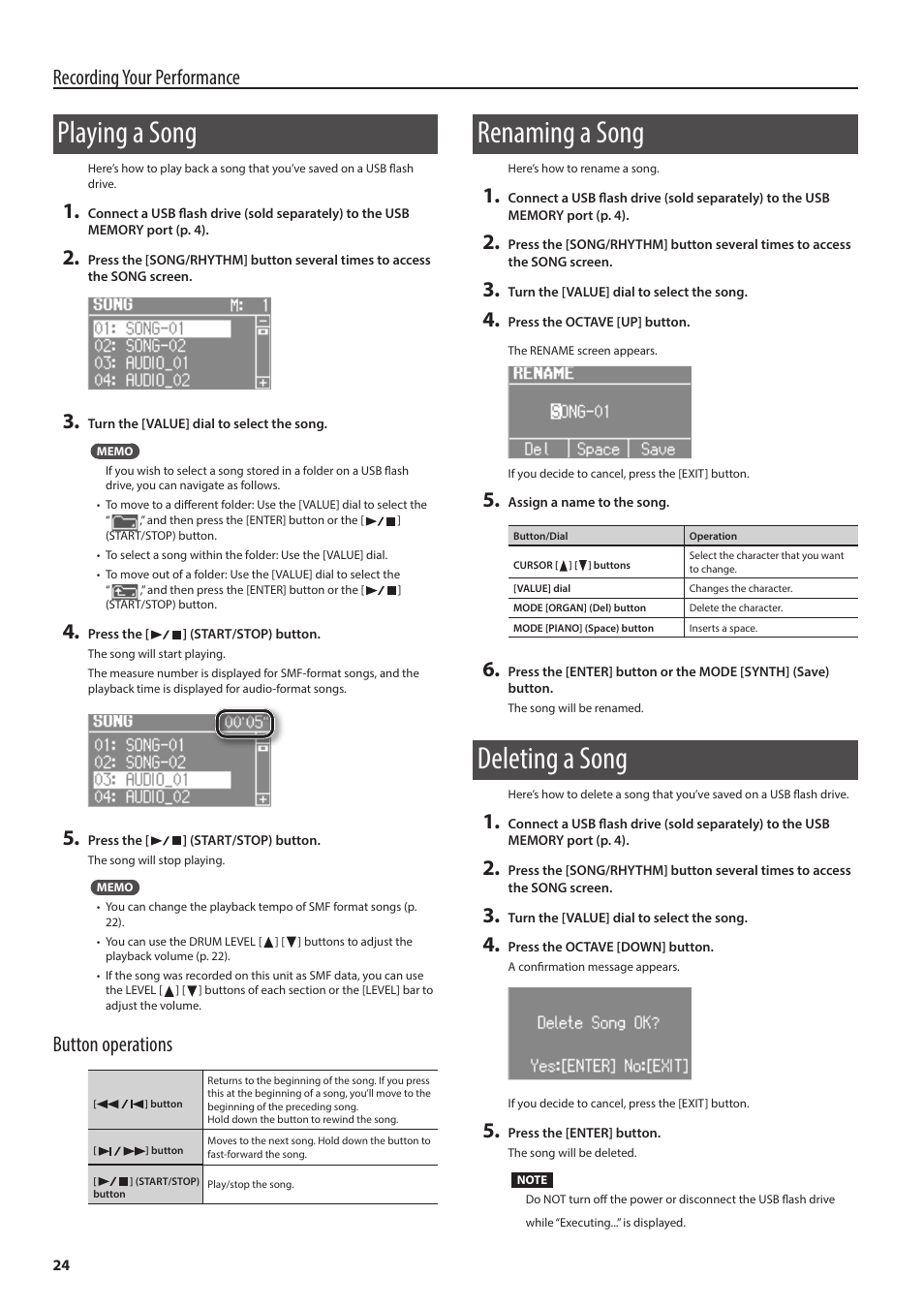 Playing a song, Renaming a song, Deleting a song | P. 24, Recording your performance, Button operations | Roland V-Combo VR-730 73-Key Live Performance Keyboard User Manual | Page 24 / 32