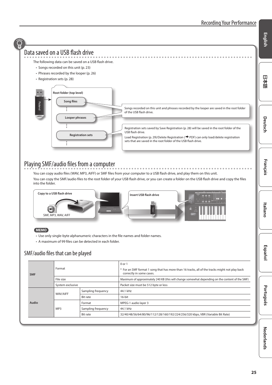 Data saved on a usb flash drive, Playing smf/audio files from a computer, Recording your performance | Smf/audio files that can be played | Roland V-Combo VR-730 73-Key Live Performance Keyboard User Manual | Page 25 / 32