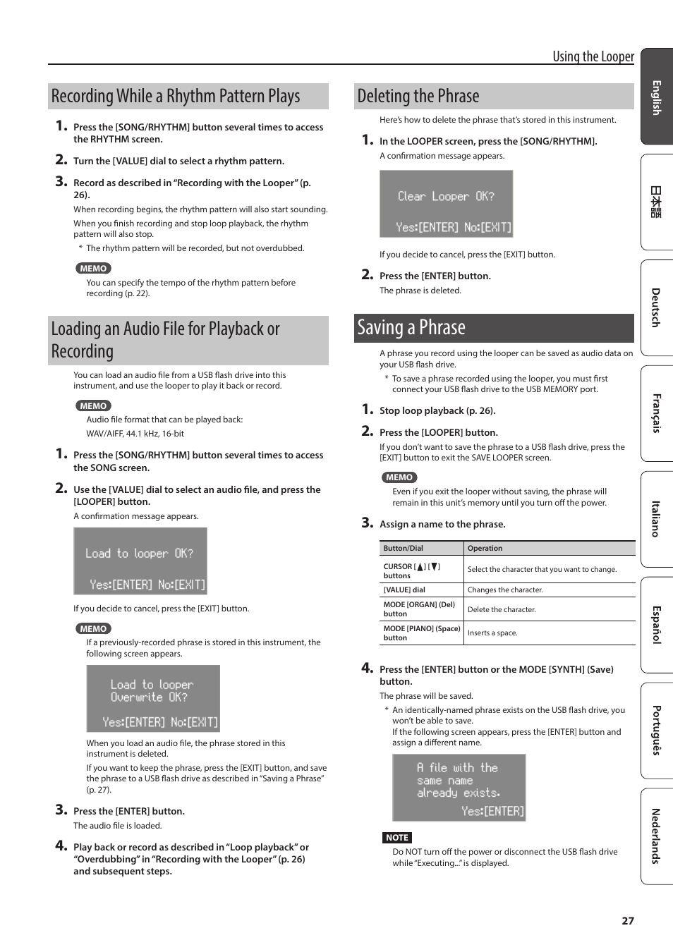 Recording while a rhythm pattern plays, Loading an audio file for playback or recording, Deleting the phrase | Saving a phrase, Using the looper | Roland V-Combo VR-730 73-Key Live Performance Keyboard User Manual | Page 27 / 32