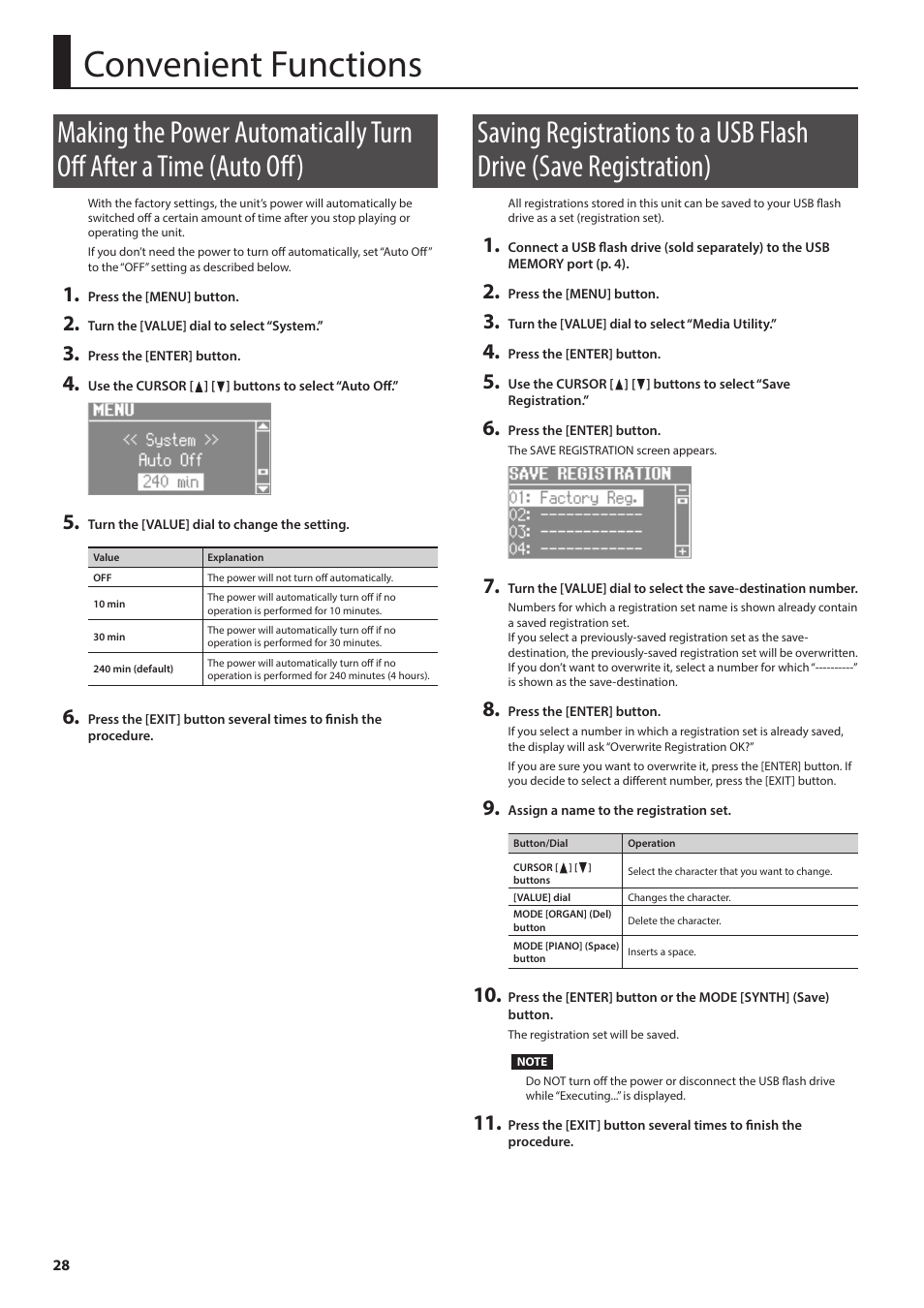 Convenient functions, P. 28, E (p. 28) | Tion sets (p. 28), Tion (p. 28) will be sa | Roland V-Combo VR-730 73-Key Live Performance Keyboard User Manual | Page 28 / 32