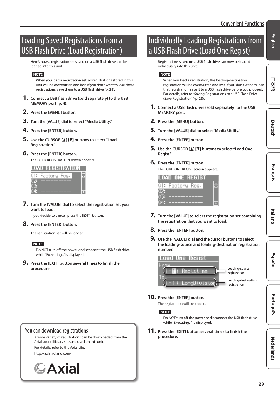Registration), One regist), O this unit (p. 29) | Tion (p. 29)/d, Convenient functions, You can download registrations | Roland V-Combo VR-730 73-Key Live Performance Keyboard User Manual | Page 29 / 32