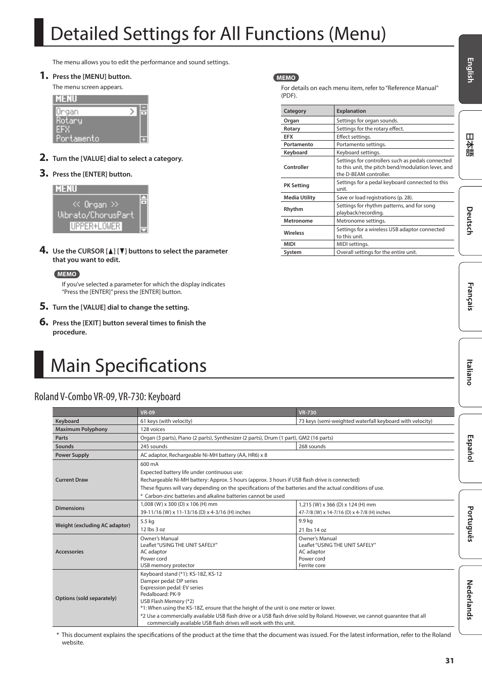 Detailed settings for all functions (menu), Main specifications | Roland V-Combo VR-730 73-Key Live Performance Keyboard User Manual | Page 31 / 32