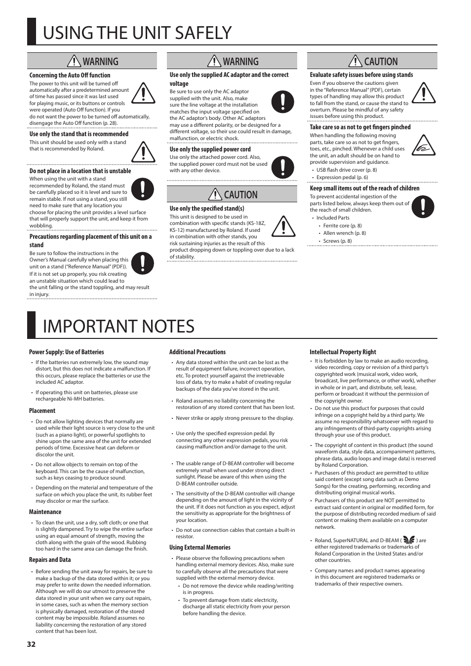 Using the unit safely, Important notes, Warning | Caution | Roland V-Combo VR-730 73-Key Live Performance Keyboard User Manual | Page 32 / 32
