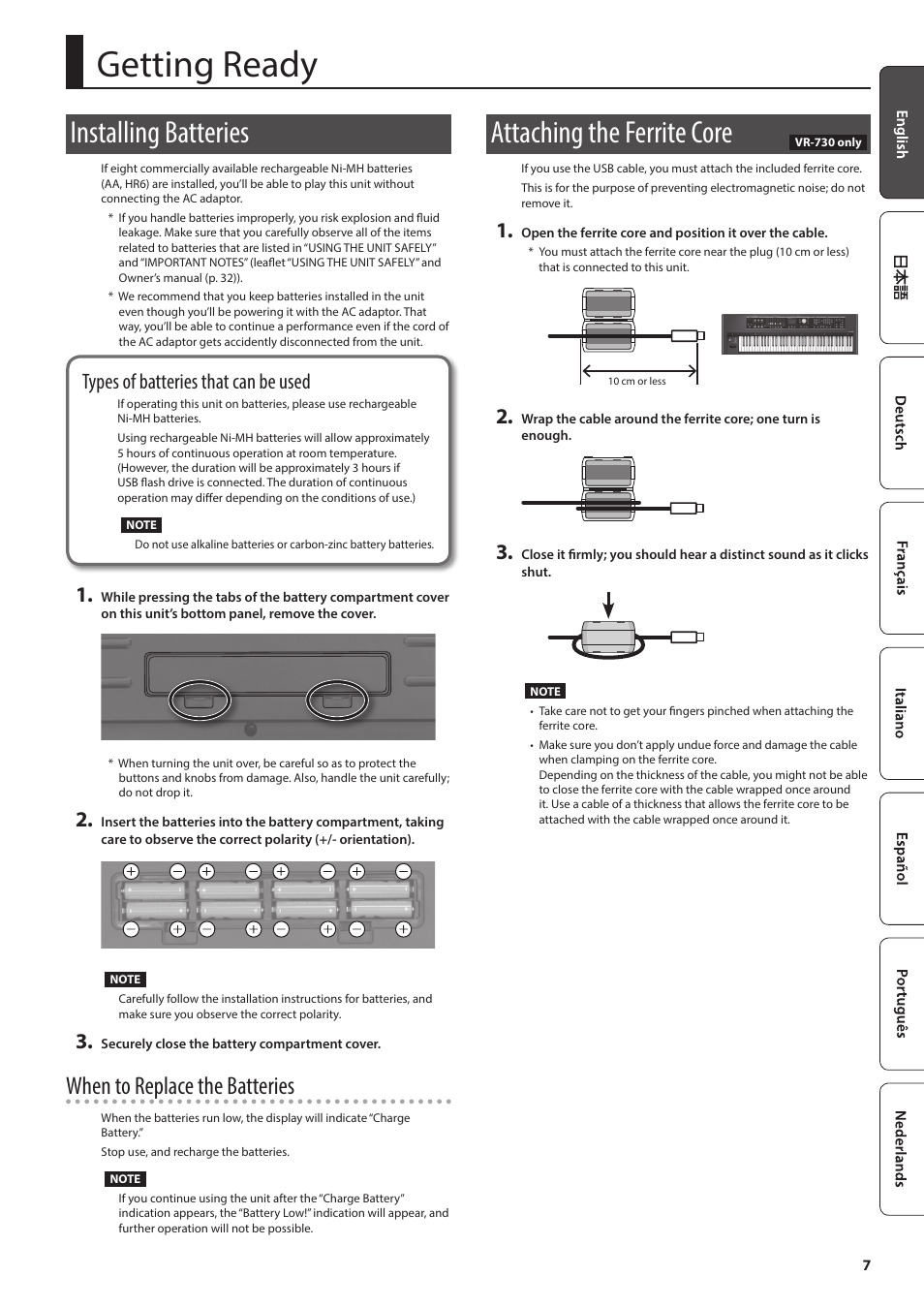 Getting ready, Installing batteries, Attaching the ferrite core | When to replace the batteries, Types of batteries that can be used | Roland V-Combo VR-730 73-Key Live Performance Keyboard User Manual | Page 7 / 32