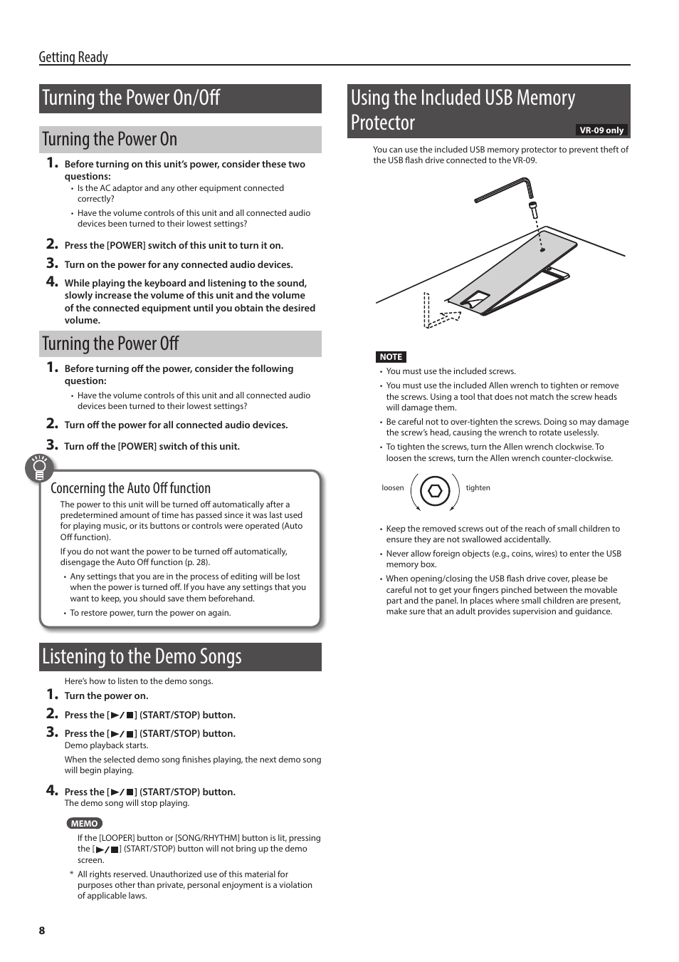 Turning the power on/off, Turning the power on, Turning the power off | Listening to the demo songs, Using the included usb memory protector, Getting ready, Concerning the auto off function | Roland V-Combo VR-730 73-Key Live Performance Keyboard User Manual | Page 8 / 32