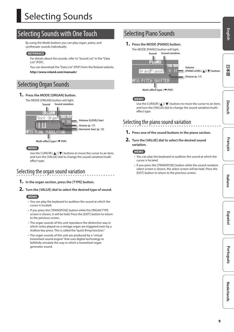 Selecting sounds, Selecting sounds with one touch, Selecting organ sounds | Selecting piano sounds, Selecting sounds” (p. 9), P. 9, Selecting the organ sound variation, Selecting the piano sound variation | Roland V-Combo VR-730 73-Key Live Performance Keyboard User Manual | Page 9 / 32