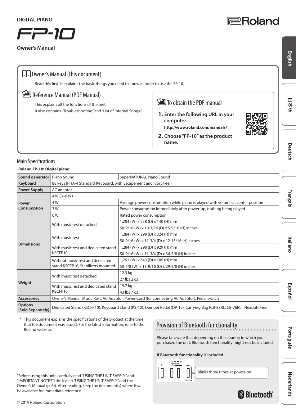 Provision of bluetooth functionality, Owner’s manual (this document), Reference manual (pdf manual) | Main specifications | Roland FP-10 88-Key Digital Piano User Manual | Page 3 / 10
