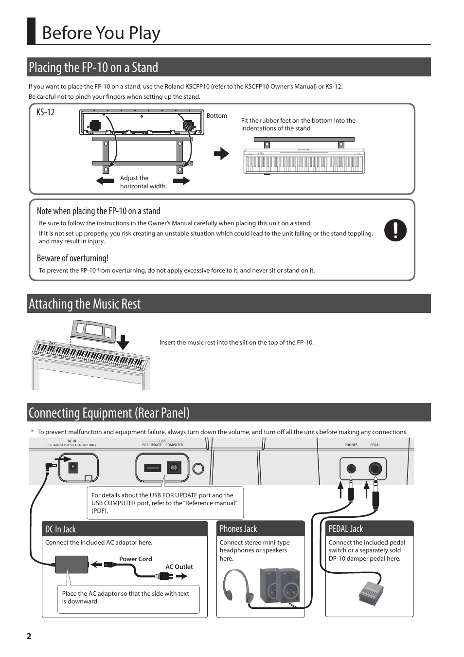 Before you play, Placing the fp-10 on a stand, Attaching the music rest | Connecting equipment (rear panel), Ks-12, Beware of overturning, Dc in jack, Phones jack, Pedal jack | Roland FP-10 88-Key Digital Piano User Manual | Page 4 / 10