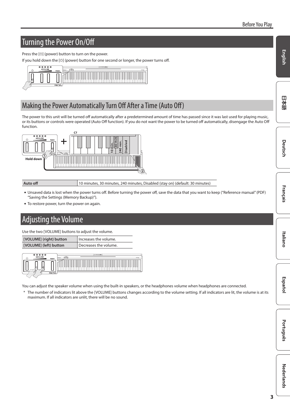 Turning the power on/off, Adjusting the volume, Before you play | Roland FP-10 88-Key Digital Piano User Manual | Page 5 / 10
