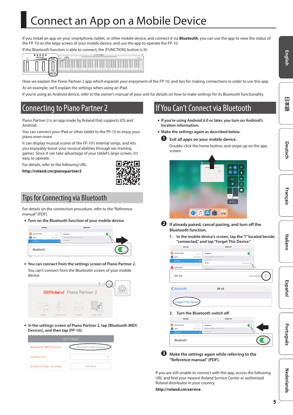 Connect an app on a mobile device, Connecting to piano partner 2, Tips for connecting via bluetooth | If you can’t connect via bluetooth | Roland FP-10 88-Key Digital Piano User Manual | Page 7 / 10