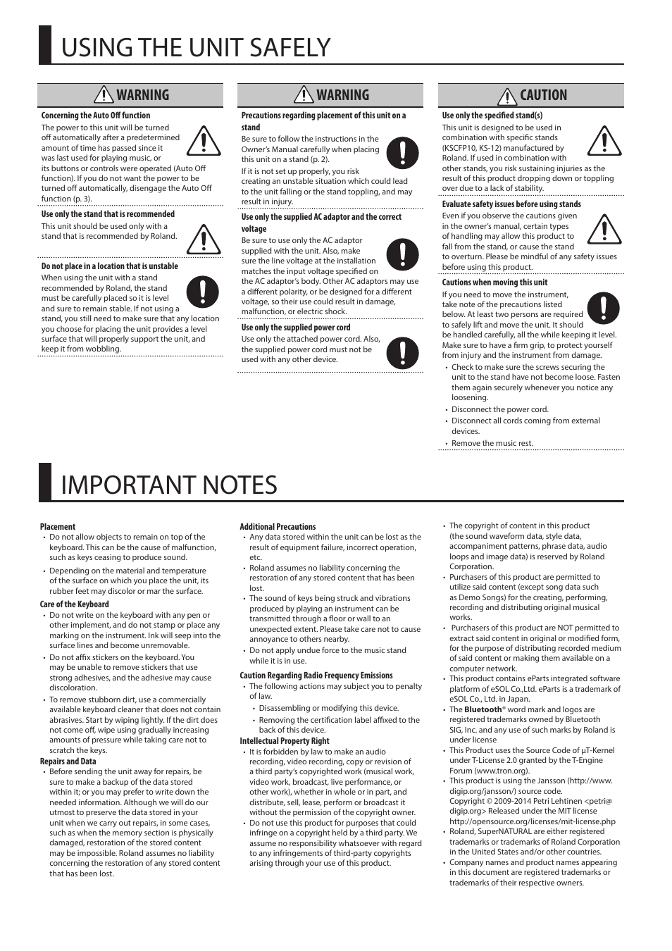 Using the unit safely, Important notes, Warning | Caution | Roland FP-10 88-Key Digital Piano User Manual | Page 8 / 10