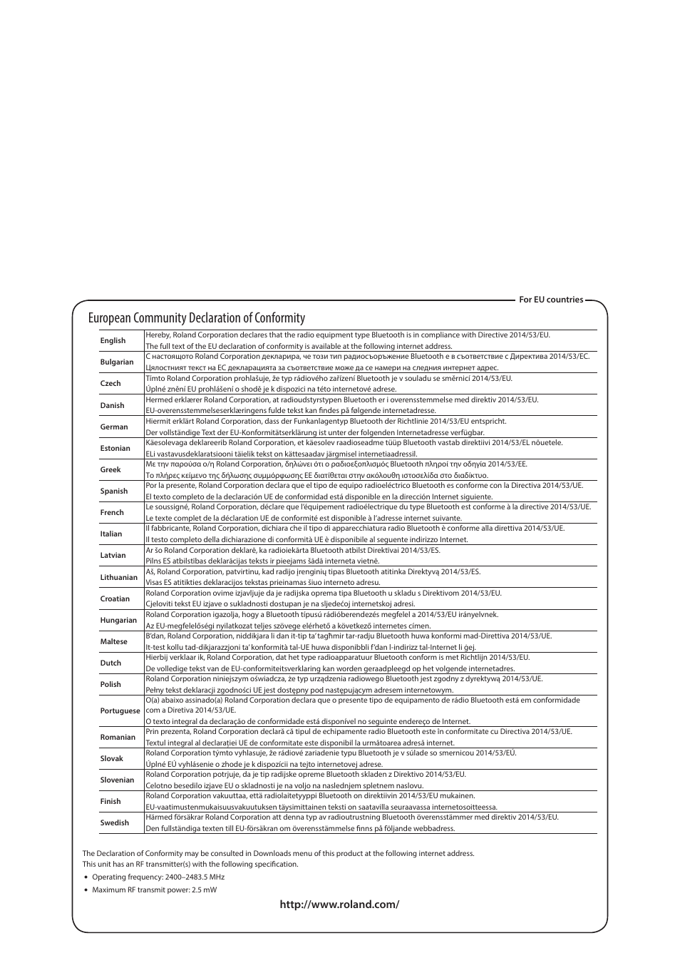 European community declaration of conformity | Roland FP-10 88-Key Digital Piano User Manual | Page 9 / 10