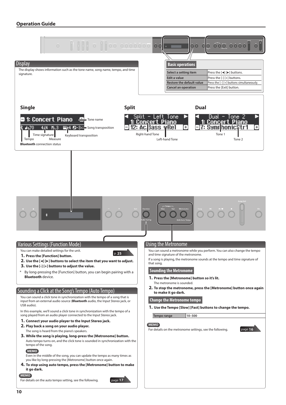 Using the metronome, Various settings (function mode), Sounding a click at the song’s tempo (auto tempo) | Display, Operation guide, Split, Dual, Single | Roland FP-90X Portable Digital Piano (Black) User Manual | Page 10 / 40