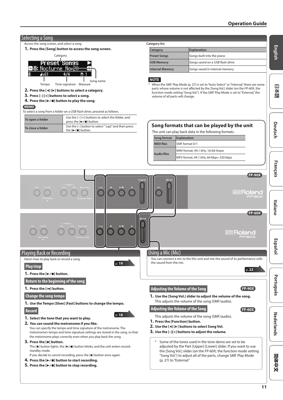 Playing back or recording, Using a mic (mic), Selecting a song | Operation guide, Song formats that can be played by the unit, Play/stop 1, Return to the beginning of the song 1, Change the song tempo 1, Record 1, Adjusting the volume of the song 1 | Roland FP-90X Portable Digital Piano (Black) User Manual | Page 11 / 40