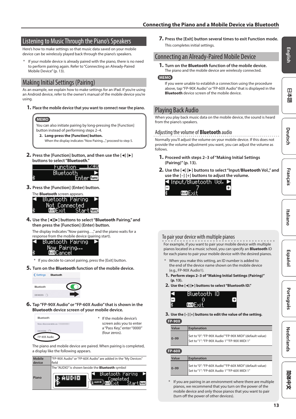 Listening to music through the piano’s speakers, Making initial settings (pairing), Connecting an already-paired mobile device | Playing back audio, Adjusting the volume of bluetooth audio | Roland FP-90X Portable Digital Piano (Black) User Manual | Page 13 / 40