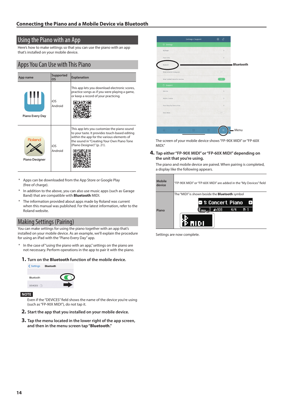 Using the piano with an app, Apps you can use with this piano, Making settings (pairing) | Roland FP-90X Portable Digital Piano (Black) User Manual | Page 14 / 40