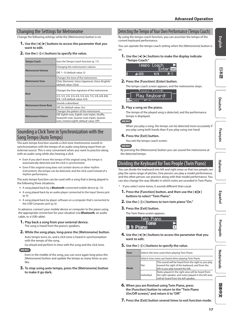 Changing the settings for metronome, Dividing the keyboard for two people (twin piano), Tempo (auto tempo) | Detecting the tempo of your own performance, Tempo coach), Advanced operation | Roland FP-90X Portable Digital Piano (Black) User Manual | Page 17 / 40