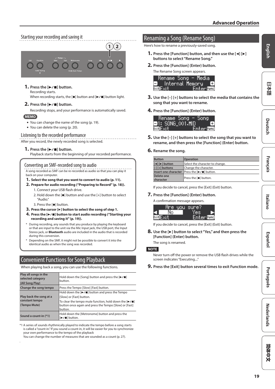 Convenient functions for song playback, Renaming a song (rename song), Ou can change the name of the song (p. 19 | Starting your recording and saving it, Listening to the recorded performance, Converting an smf-recorded song to audio, Advanced operation | Roland FP-90X Portable Digital Piano (Black) User Manual | Page 19 / 40